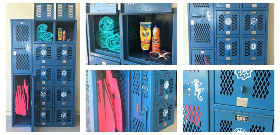 Cricut Project to Upcycle Pool Locker Storage Unit | blowingawayoutwest.com -Lockers provide odor free pool storage - Here's how to upcycle lockers using your Cricut Cutter #cricuthomeprojects #cricutproject #poollockers#poolstorage #cricutpoolstuff