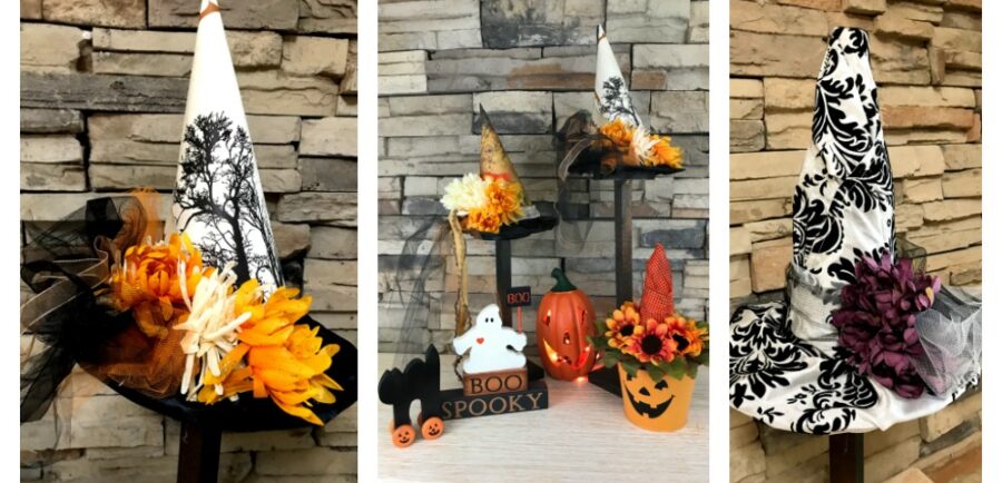 The Best Witch Hat Tutorial| blowingawayoutwest.com - The complete tutorial to make beautiful Witch Hat Decorations using fabric, paper and silk flowers. papercrafts #halloweenpapercraft #halloweenwitchhats#witchhats #witch #halloween #halloweendecor #halloweencraft