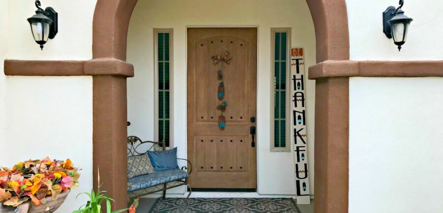 Be Thankful Feathers & Pine Cones Tall Door Sign and Door Hanging | blowingawayoutwest.com - Tutorial and patterns for Be Thankful tall Thanksgiving or Fall Door Sign and Pine Cones & Feathers Door Hanging for Autumn #thanksgiving #porchdecor #talldoorsign #autumndecorations #fallporch