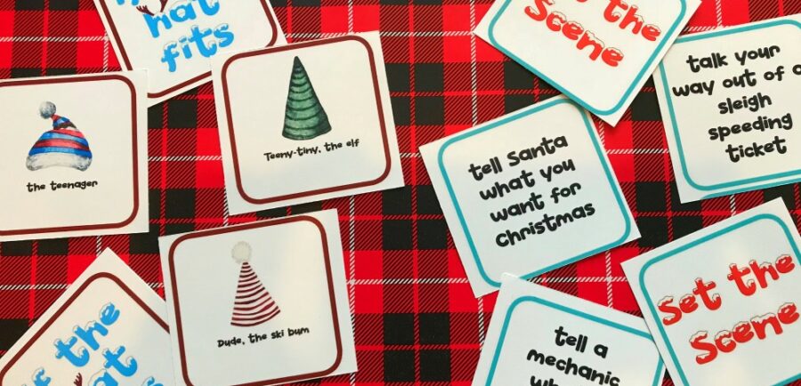 Christmas Party Group Improv Game | blowingawayoutwest.com - "If the Hat Fits," the hilarious party game of Christmas Improv #christmasgamesforparties #christmasprintablegames #christmasgames #freechristmasprintable #christmasgroupgames #christmasgamesforfamilies #12daysofChristmas