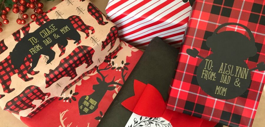 Buffalo Check Gift Wrapping Ideas: Free reindeer printable gift tags | blowingawayoutwest.com - Easy Cricut project to make customized tags. #christmasprintable #freechristmasgifttags #christmaswrapping #buffalocheckchristmas #customgifttags