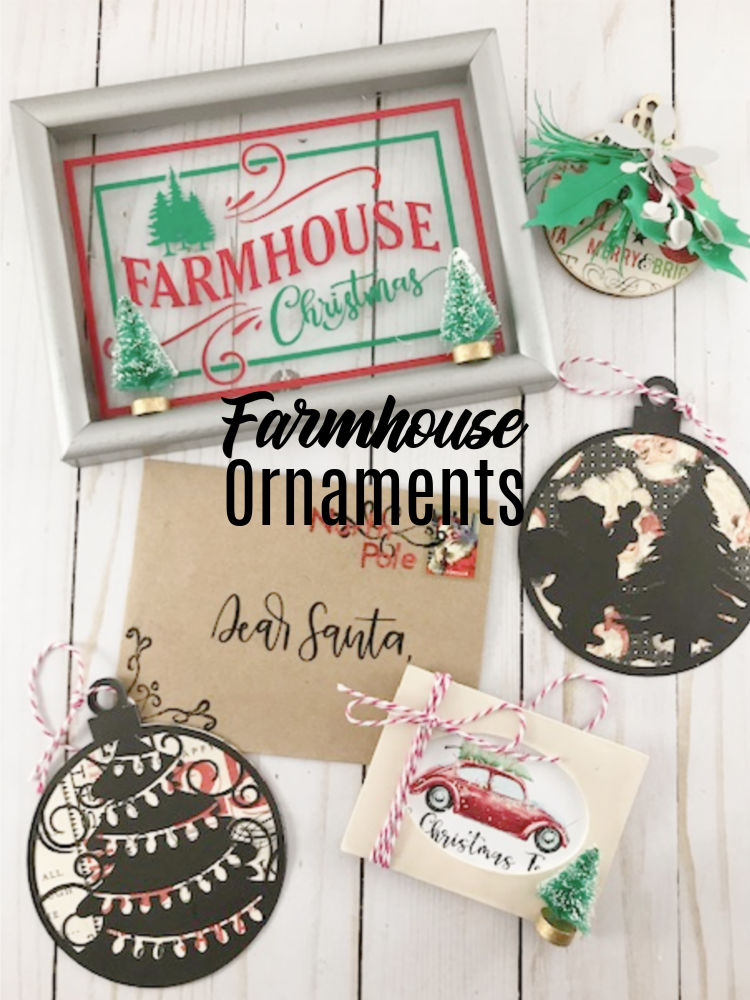 DIY Farmhouse Christmas Ornaments.  DIY Farmhouse Christmas Ornaments Tutorial Using Your Cricut & Other Stuff Too | craftingismytherapy.com -  #christmasdiy #christmasdiydecor #christmasroundup #christmasideas #christmasornaments #christmascraft #farmhousechristmas #farmhouseornaments #diyornaments #DIYchristmas