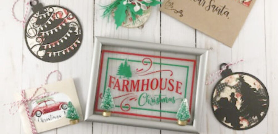 DIY Farmhouse Christmas Ornaments.  DIY Farmhouse Christmas Ornaments Tutorial Using Your Cricut & Other Stuff Too | craftingismytherapy.com -  #christmasdiy #christmasdiydecor #christmasroundup #christmasideas #christmasornaments #christmascraft #farmhousechristmas #farmhouseornaments #diyornaments #DIYchristmas