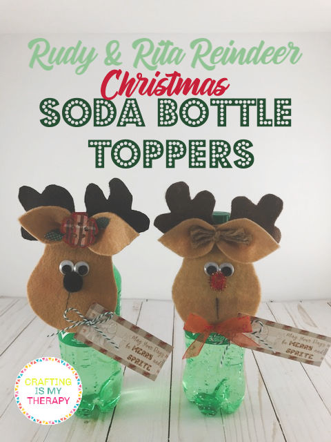 Christmas Bottle Toppers. Make these cute Rudy & Rita Reindeer Christmas Soda Bottle Toppers as gifts for your kids to give away. | craftingismytherapy.com - #christmasdiy #christmasdiydecor #christmasroundup #christmasideas #christmasbottletoppers #christmascraft #dollarstorechristmas #DIYchristmas #diykidscraft #kidscraft #christmaskidscraft #christmascraft #christmasgift