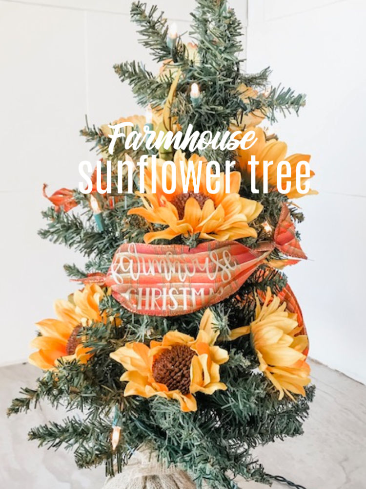 DIY Sunflower Christmas Tree | craftingismytherapy.com - Tutorial for making a Sunflower Christmas Tree wrapped in Farmhouse Saying on Ribbon. #christmastree #christmastreedecorations #sunflowerchristmastree #sunflowertree #holidaytree #christmasdisplay #12daysofchristmasideas #farmhousechristmas #farmhousechristmastree
